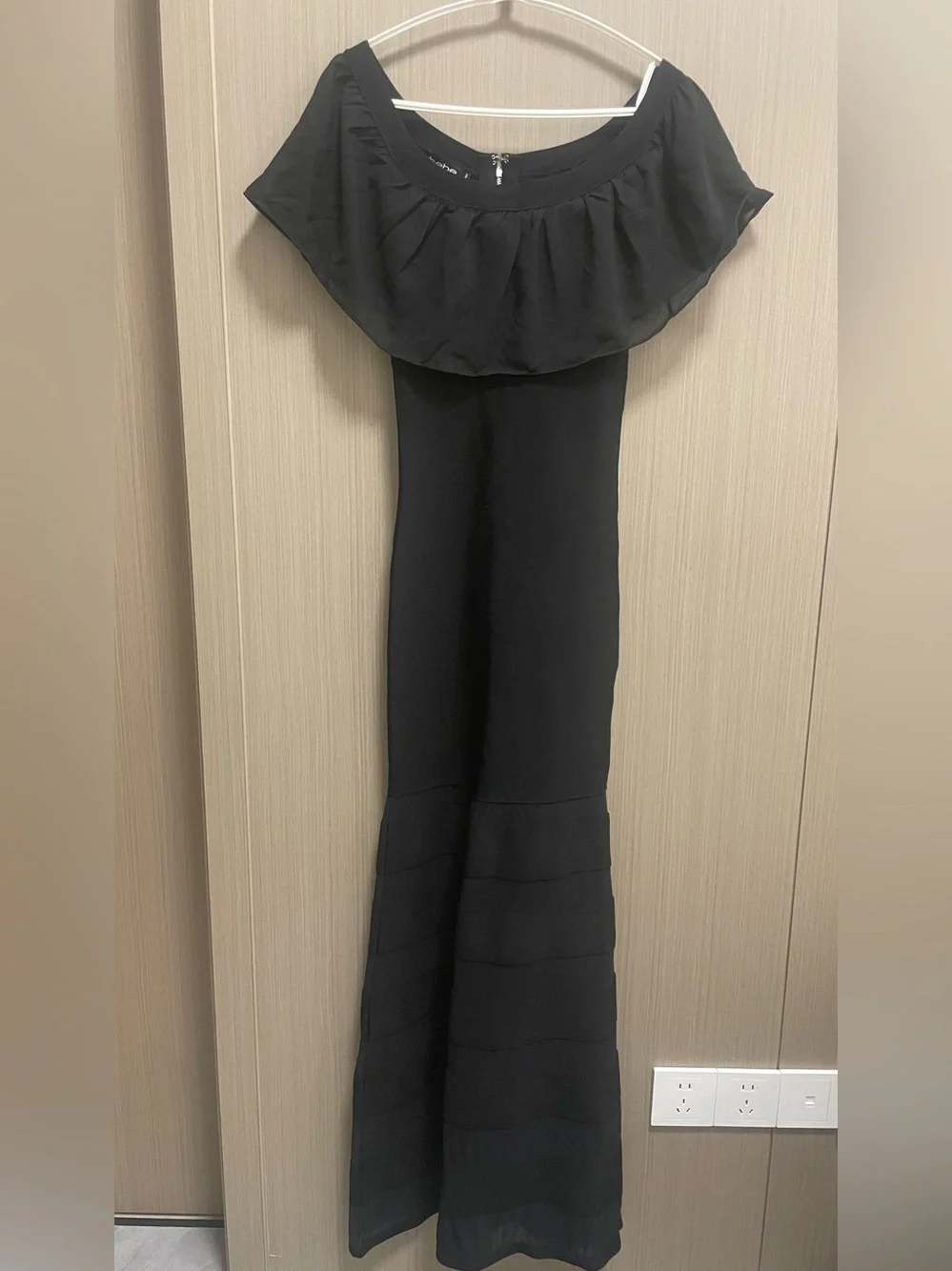 bebe Black Strapless Ruffle Maxi Dress